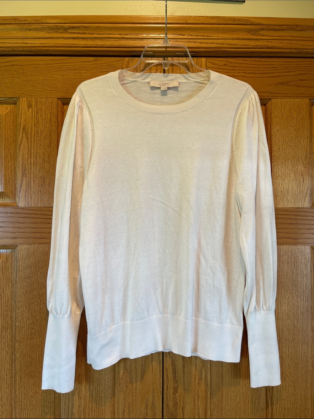 LOFT Soft Cream Crewneck Sweater with Subtle Puff Sleeves